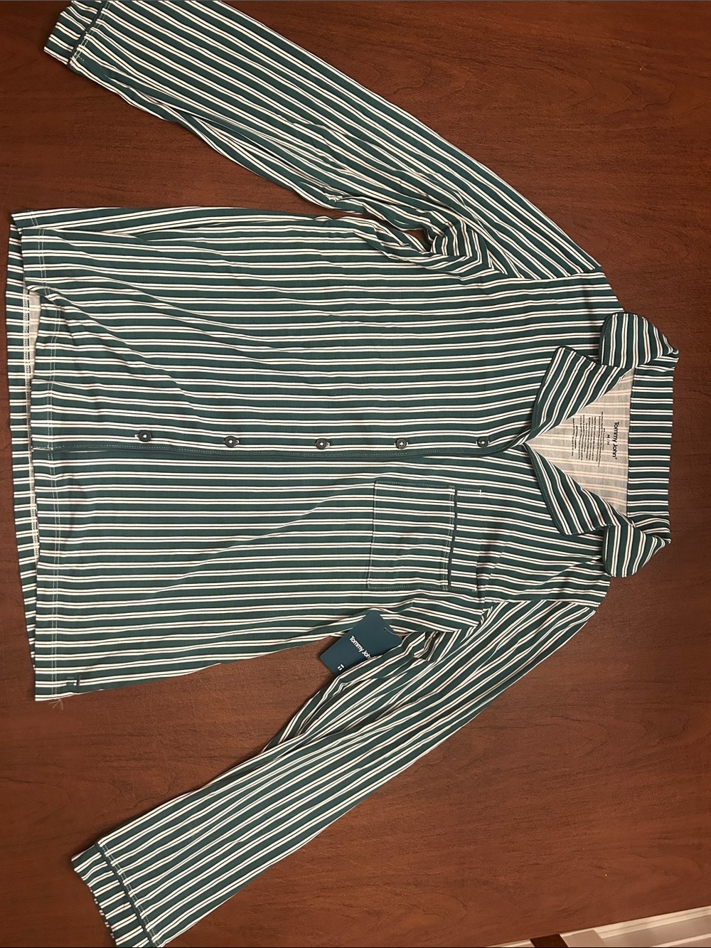 Tommy John Women’s Green and White Vertical-Stripe Button Front Pajama Set